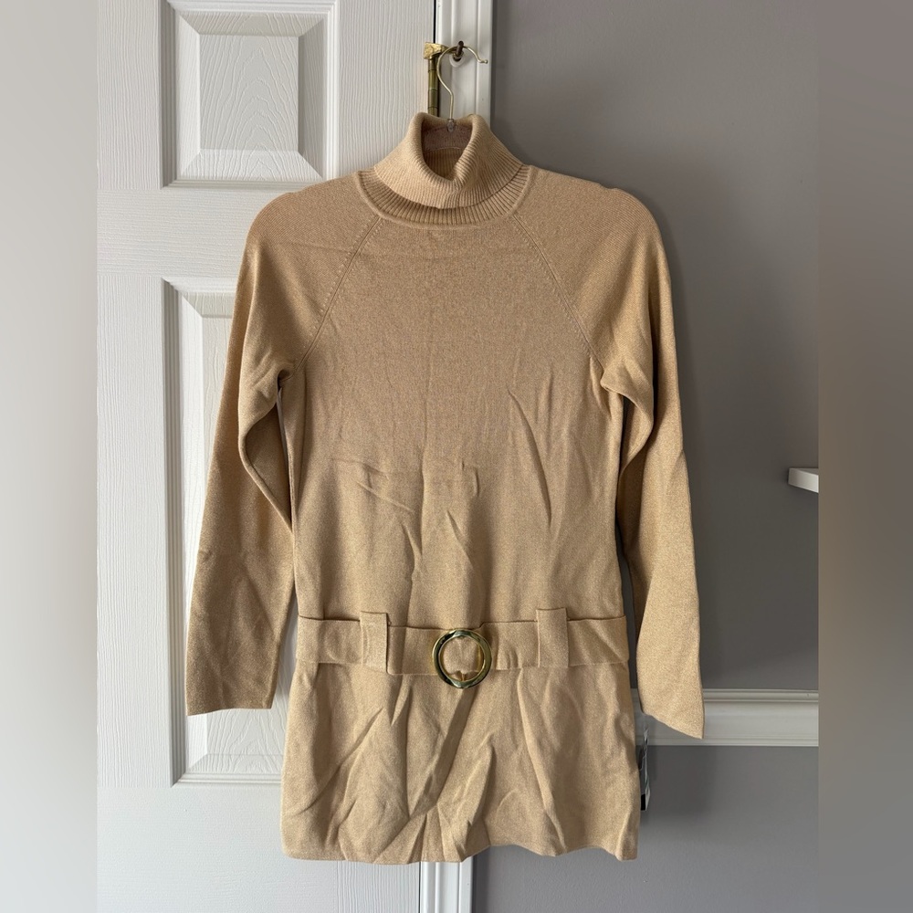 INC International Concepts Camel Turtleneck Sweater Dress with Belt Detail